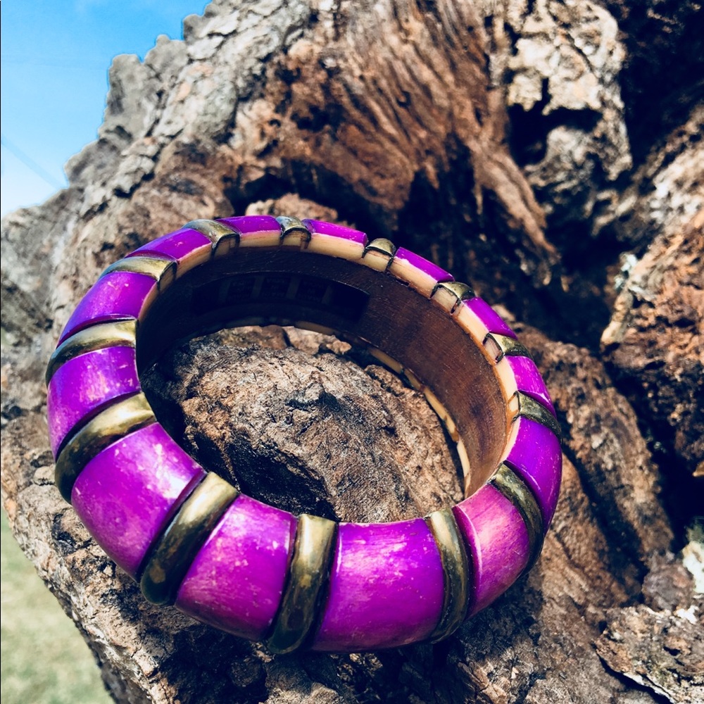 Vintage Hand Carved Wood & Metal Purple Bangle